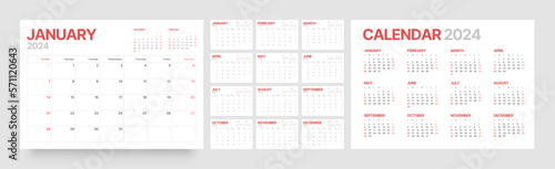 Monthly calendar template for 2024 year. Wall calendar in a minimalist style. Week Starts on Sunday. Planner for 2024 year.