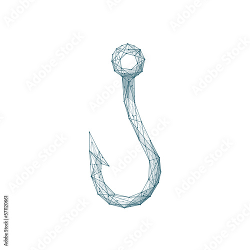 Fishing hook. Fishhook in digital technology style. Polygonal wireframe vector isolated illustration on white background. Bait or lure concept. EPS 10