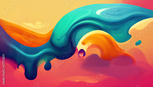 Paint splash. Color wave. Fluid splatter. Bright orange blue pink glowing ink mix drip flow motion art illustration abstract background.