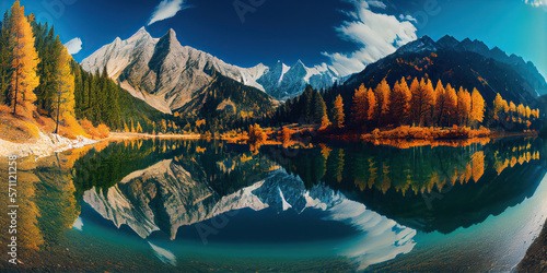 Spectacular Alpine Autumn: Reflections in a Lake Amidst Majestic Mountain Ranges. Generative AI