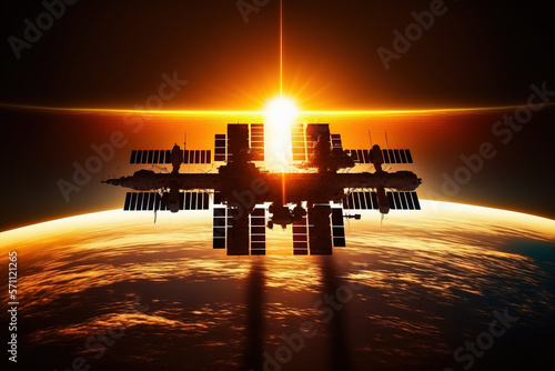 Space station silhouetted by the rising sun. Post-processed generative AI. photo