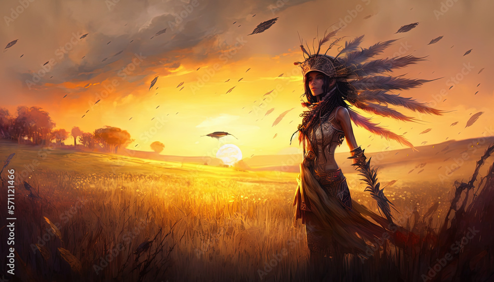 Beautiful shamanic woman evoking the spirits of nature in a lovely sunset scenery. Post-processed generative AI Beautiful shamanic woman evoking the spirits of nature in a lovely sunset scenery. Post-processed generative AI