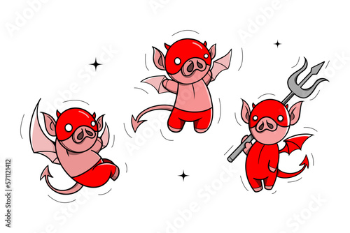 set-drawing of cute pigs are cosplaying in various conditions and styles. red devil