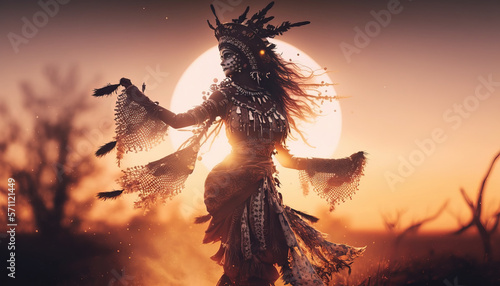 Beautiful shamanic woman dancing evoking the spirits of nature in a lovely sunset scenery. Post-processed generative AI