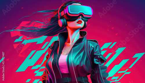 Fashionable young woman (non-existent person) interacting with virtual reality wearing modern virtual reality glasses. Beautiful girl wearing VR glasses. Post-processed generative AI
