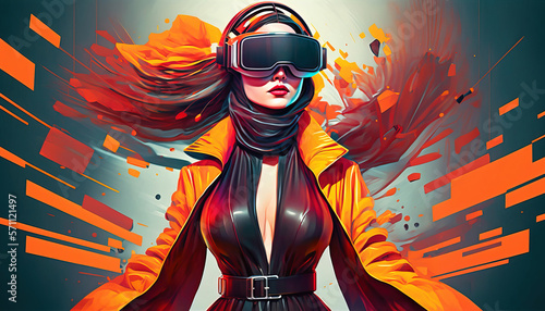 Fashionable young woman (non-existent person) interacting with virtual reality wearing modern virtual reality glasses. Beautiful girl wearing VR glasses. Post-processed generative AI
