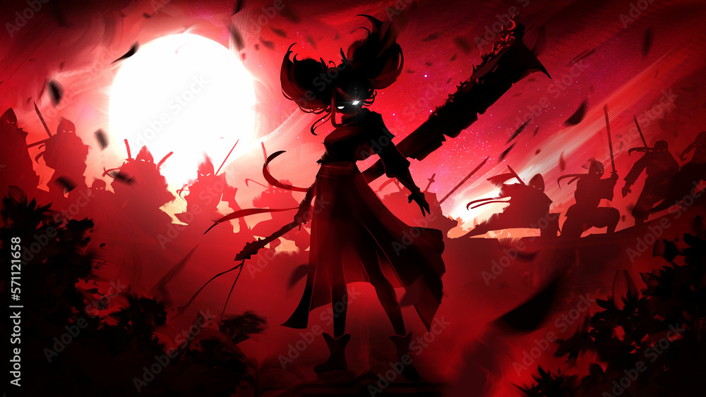 Fototapeta premium Black silhouettes with a dozen ninjas sitting in epic poses on the roof in the rays of the bloody led by their leader a girl with big tails on her head and a huge cleaver with notches. 2d anime art
