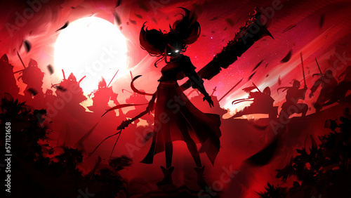 Black silhouettes with a dozen ninjas sitting in epic poses on the roof in the rays of the bloody led by their leader a girl with big tails on her head and a huge cleaver with notches. 2d anime art