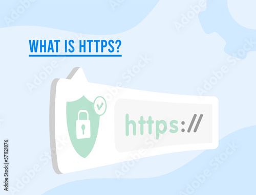 What is https concept. Stay safe online with HTTPS hypertext transfer protocol. Flat Design illustration with browser address bar and padlock icon, and website start with https text