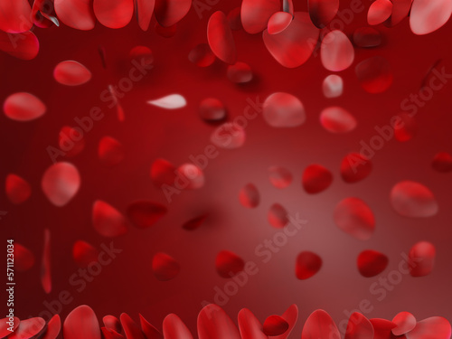 Valentine background with falling red rose petals on red back ground , 3D rendering.