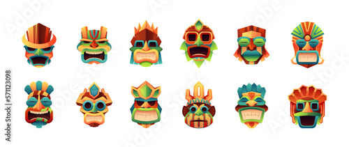 Tribal masks. Cartoon tiki heads and indigenous Hawaii Polynesia African ritual face masking  ancient traditional tribe totem idols. Vector isolated set. Religious or ceremonial elements for faces