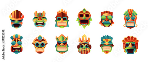 Tribal masks. Cartoon tiki heads and indigenous Hawaii Polynesia African ritual face masking, ancient traditional tribe totem idols. Vector isolated set. Religious or ceremonial elements for faces