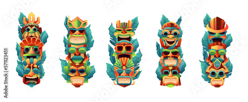 Tiki totems. Traditional primitive native tribal face masks, mexican polynesian aztec indigenous tribe ritual idols, cartoon ethnic craft symbols. Vector set. Ceremonial masking with leaves