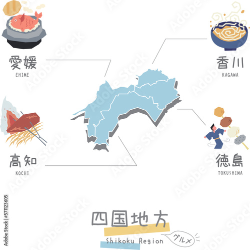 日本の四国地方のグルメ観光とマップ、アイコンのセット（フラット）