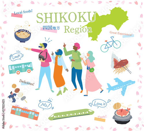 日本の四国地方の春のグルメ観光を楽しむ観光客、アイコンのセット（フラット）