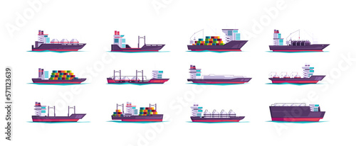 Freight ships collection. Cartoon cargo vessels, flat nautical shipping freighter boats carrying containers, commercial sea ocean transport. Vector isolated set. Import and export of goods