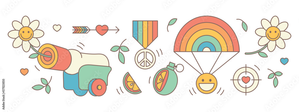 Groovy hippie war icon set. Funny cartoon flower, rainbow, peace, Love, heart, daisy, cannon, parachute, arrow, grenade, medal. Peaceful military Sticker pack in trendy retro psychedelic style