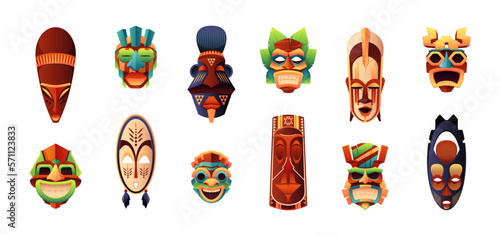 African ritual masks. Traditional ceremonial tribal human face shaped totems, indigenous folk decorative zoomorphic muzzle cartoon style. Vector flat set. Wooden tropical idols, culture