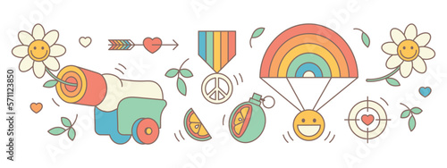 Groovy hippie war icon set. Funny cartoon flower  rainbow  peace  Love  heart  daisy  cannon  parachute  arrow  grenade  medal. Peaceful military Sticker pack in trendy retro psychedelic style