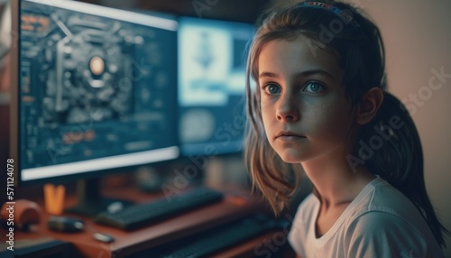 Empowering Children in the Workplace: Celebrating Diversity, Equity, and Inclusion (DEI) in the Industry with Caucasian girl as a Video game designer (white) (generative AI)