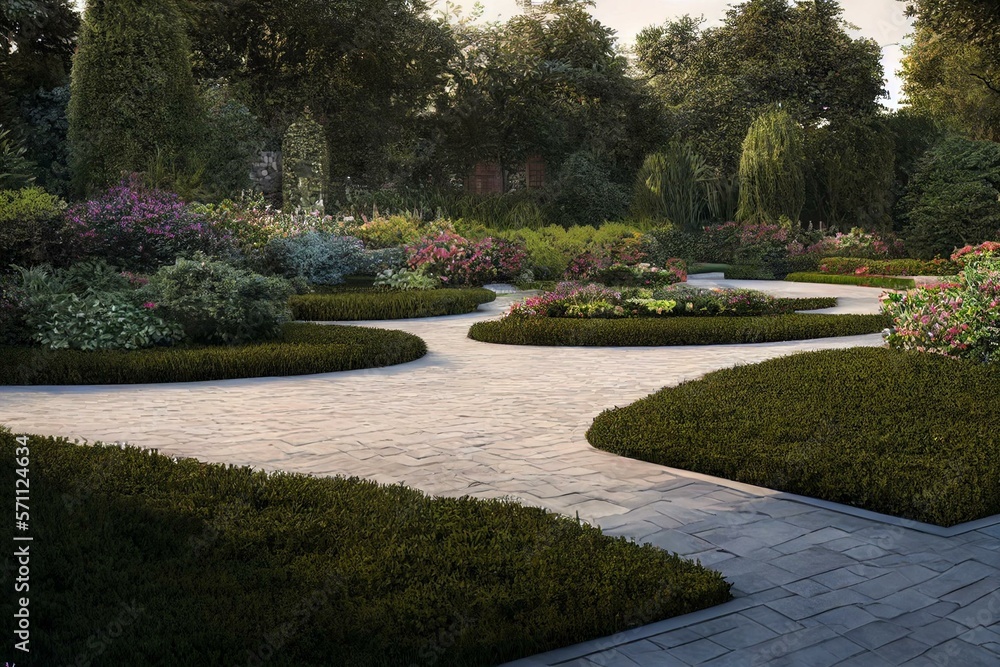Luxury residential landscaping and front garden shows a precast paver ...