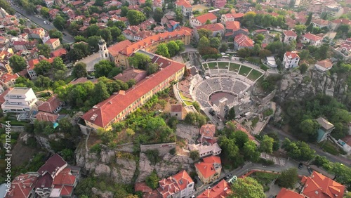 Aerial drone view of Roman theatre of Philippopolis in Plovdiv, Bulgaria, day photo