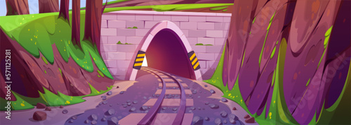 Cartoon railway tunnel in mountains. Vector illustration of railroad track running through stone bridge arch with brick entrance between rocks, forest trees, green grass on hills. Game background