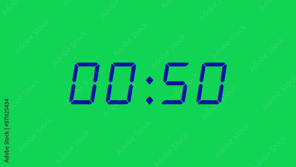 Simple Blue and Green Screen 55 seconds digital alarm clock countdown timer. Navy Blue color digits on Chroma Key Green Screen colour display with no milliseconds. Simple Blue and Green Screen 55 seconds digital alarm clock countdown timer. Navy Blue color digits on Chroma Key Green Screen colour display with no milliseconds.