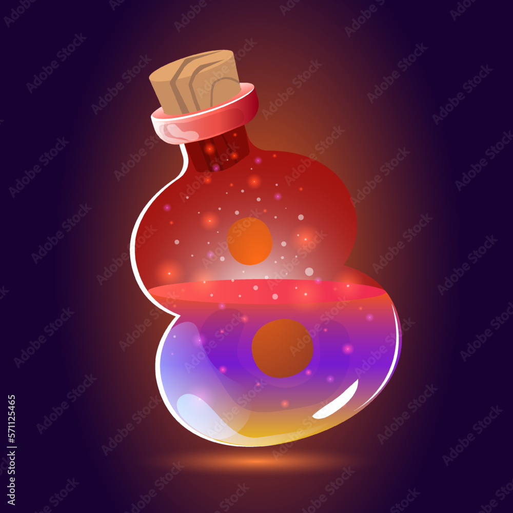 Magic rainbow elixir of happiness, bottle of fom 8 or infinity symbol. Cartoon Postcard banner for web social media design Magic rainbow elixir of happiness, bottle of fom 8 or infinity symbol. Cartoon Postcard banner for web social media design