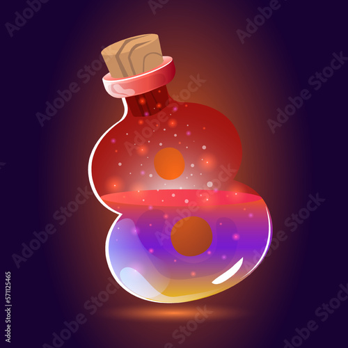 Magic rainbow elixir of happiness, bottle of fom 8 or infinity symbol. Cartoon Postcard banner for web social media design