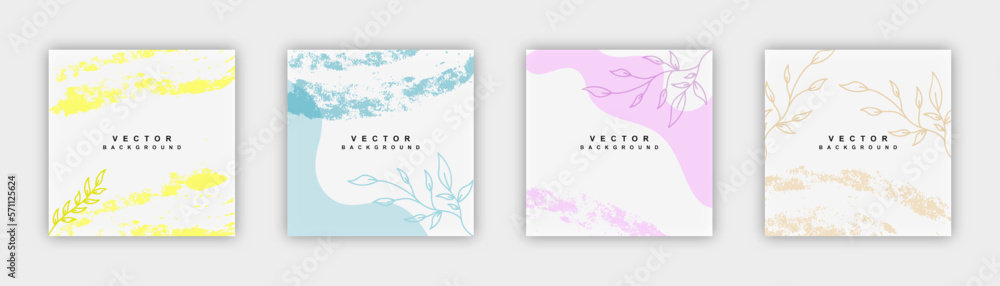 Set of spring square background. Minimal style with floral elements and watercolor texture. Editable vector template for card, banner, invitation, social media post, poster, mobile apps, web ads.