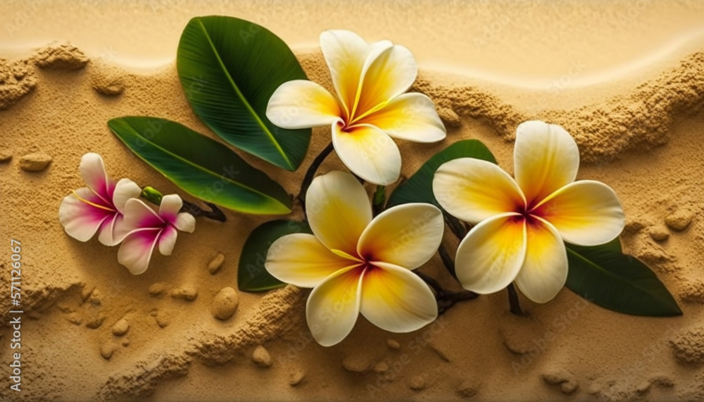 Plumeria flowers on the beach on the sand. selective focus. Generative AI, Plumeria flowers on the beach on the sand. selective focus. Generative AI,