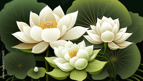 illustration of a blooming white Lotus flowers with green leaves background with different flowers and plants, seasonal design stock illustration, Generative AI