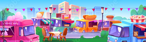 Street food market in city park with vendor trucks with ice cream, drinks, desserts and hot dogs. Summer landscape with food vans, table and chairs, vector cartoon illustration