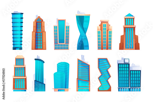 Cartoon skyscrapers. Modern city high towers with apartments and offices, urban residential block with tall architecture buildings. Vector set. Outdoor infrastructure, metropolis collection