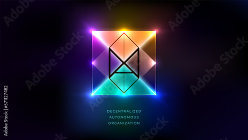 Neon glowing geometric illustration with DAO typography. Vector template for logo, icon. Decentralized Autonomous Organisation, smart contract, cryptocurrency, blockchain technology for infographics