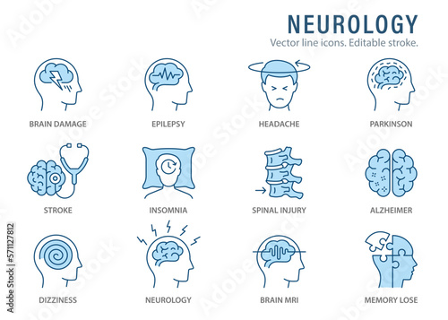Neurology icons, such as Alzheimer's disease, spinal injury, insomnia, memory impairment and more. Editable stroke