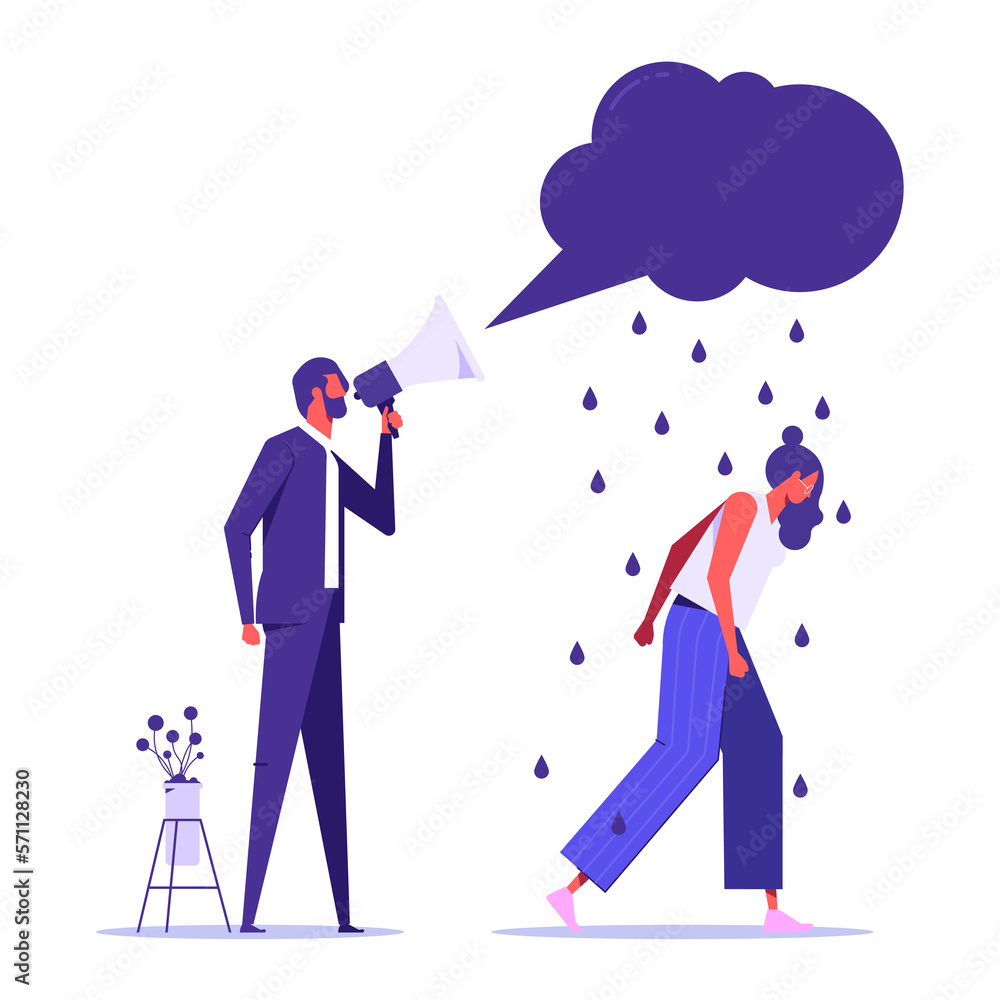 Businessman shouting in megaphone with anger at stressed employee symbolizing business problems, concept of business communication, teamwork, leadership