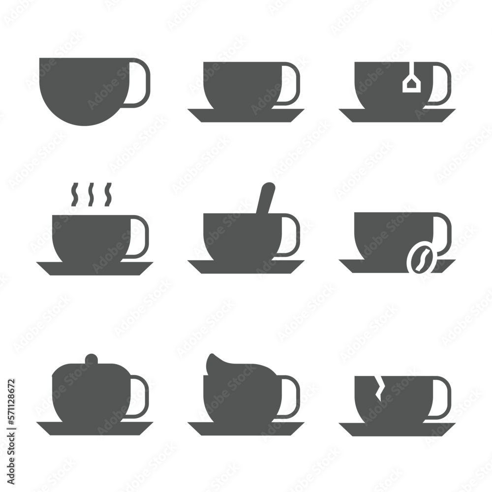 Set of Cup Solid or Glyph Icon. Cofee, Tea, Cream, and more. Editable Stroke. Vector Eps 10