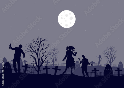 zombies walking in the graveyard at night  vector illustration.