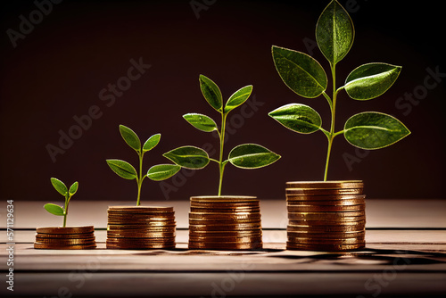 Money coin stack growing graph for saving concept. business finance and saving money investment, plant growing up on coin. Balance savings and investment - Generative AI