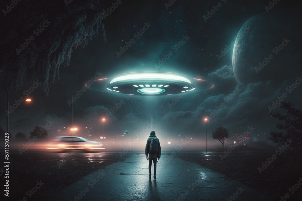 Fototapeta premium An Unforgettable Encounter: A Man Abducted by a UFO , generated by IA