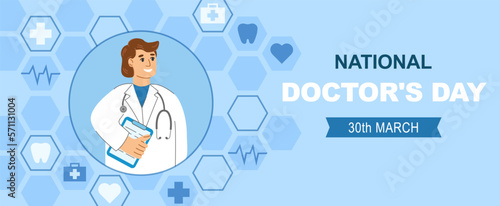 Horizontal banner for national doctor day celebration. Flat cartoon illustration medical banner.