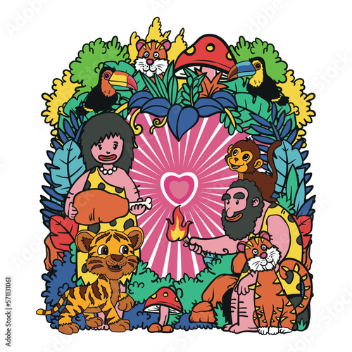 Prehistoric stone age tribe burning meat with fire in flat cartoon illustration