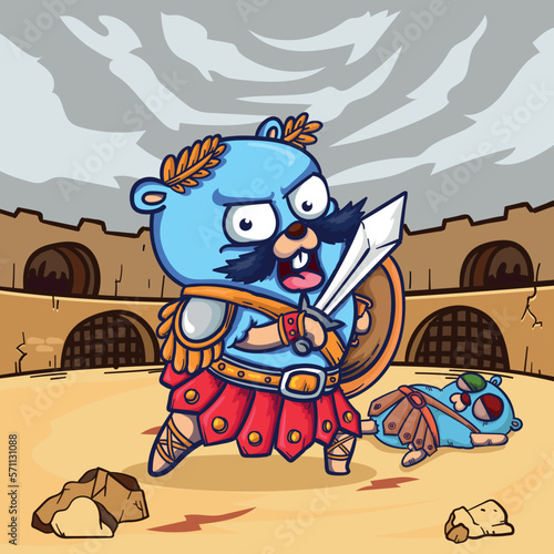Cute funny monster gladiator  vector illustration