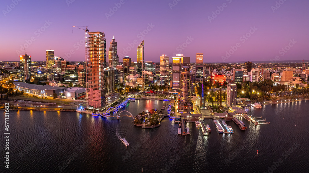 Panoramic aerial view of Elizabeth Quay and Perth's CBD in Western Australia at sunset - obrazy, fototapety, plakaty 