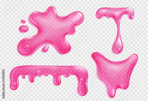 Pink slime, jelly stain, liquid dripping sauce or glue realistic vector isolated illustration on transparent background. Blot of juice or slimy poison splash