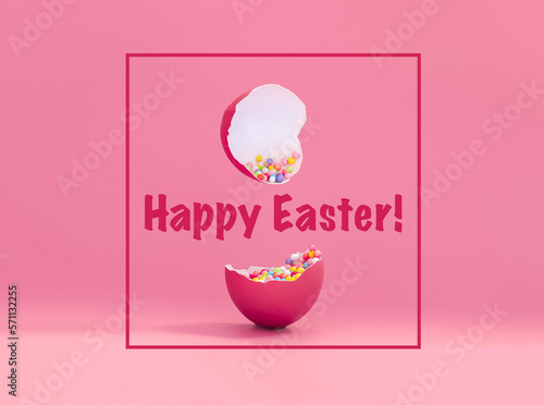 Broken decorative easter egg with colorful confetti. Minimal composition, vivid magenta color pastel pink background. Text Happy Easter. photo