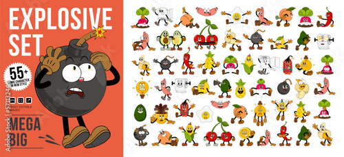 Explosive mega set of comic characters in retro cartoon style. Cute comic gloved hands characters in cartoon 1930s style. Doodle Comic characters for any life situation in new trend style.