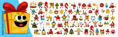 Mega set of comic characters in retro cartoon style. Cute comic gloved hands characters in cartoon 1930s style. Doodle Comic characters for holiday of the new year and christmas.